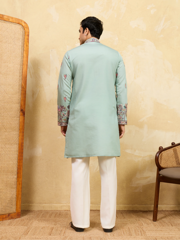 Premium Pista Green Embroidered Viscose Silk Kurta and Dupatta for Men