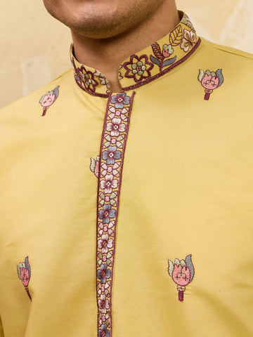 Radiant Yellow Viscose Silk Embroidered Kurta with Dupatta
