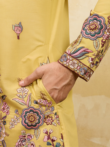 Radiant Yellow Viscose Silk Embroidered Kurta with Dupatta