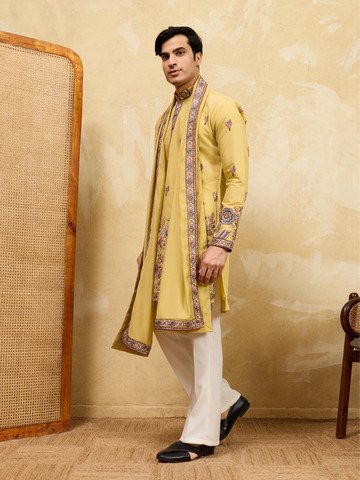 Radiant Yellow Viscose Silk Embroidered Kurta with Dupatta