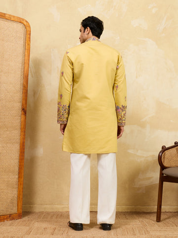 Radiant Yellow Viscose Silk Embroidered Kurta with Dupatta
