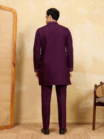Elegant Purple Viscose Silk Embroidered Kurta Pant Dupatta Set