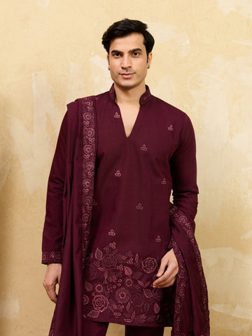 Royal Wine Viscose Silk Thread & Sequence Work Kurta & Dupatta Set