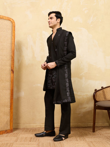 Classic Black Viscose Silk Embroidered Work Kurta Pant Dupatta Set