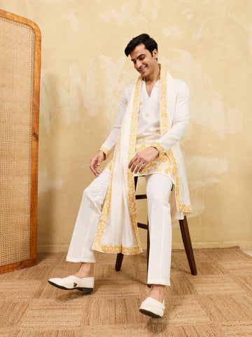 White Viscose Silk Kurta Dupatta Set With Yellow Embroidery Work
