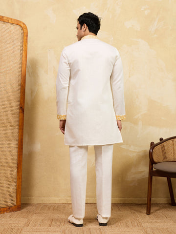 White Viscose Silk Kurta Dupatta Set With Yellow Embroidery Work