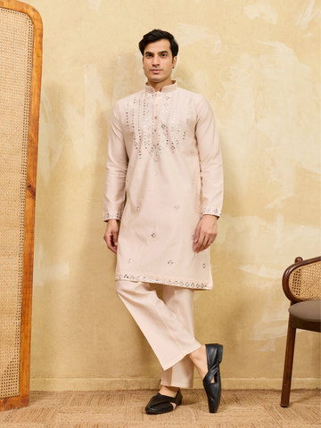 Royal Cream Mirror Kurta with Matching Pants for Wedding Attire