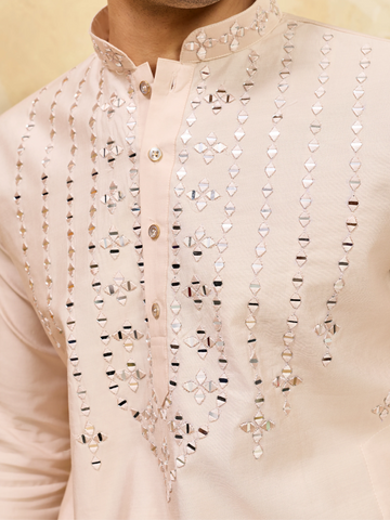 Royal Cream Mirror Kurta with Matching Pants for Wedding Attire