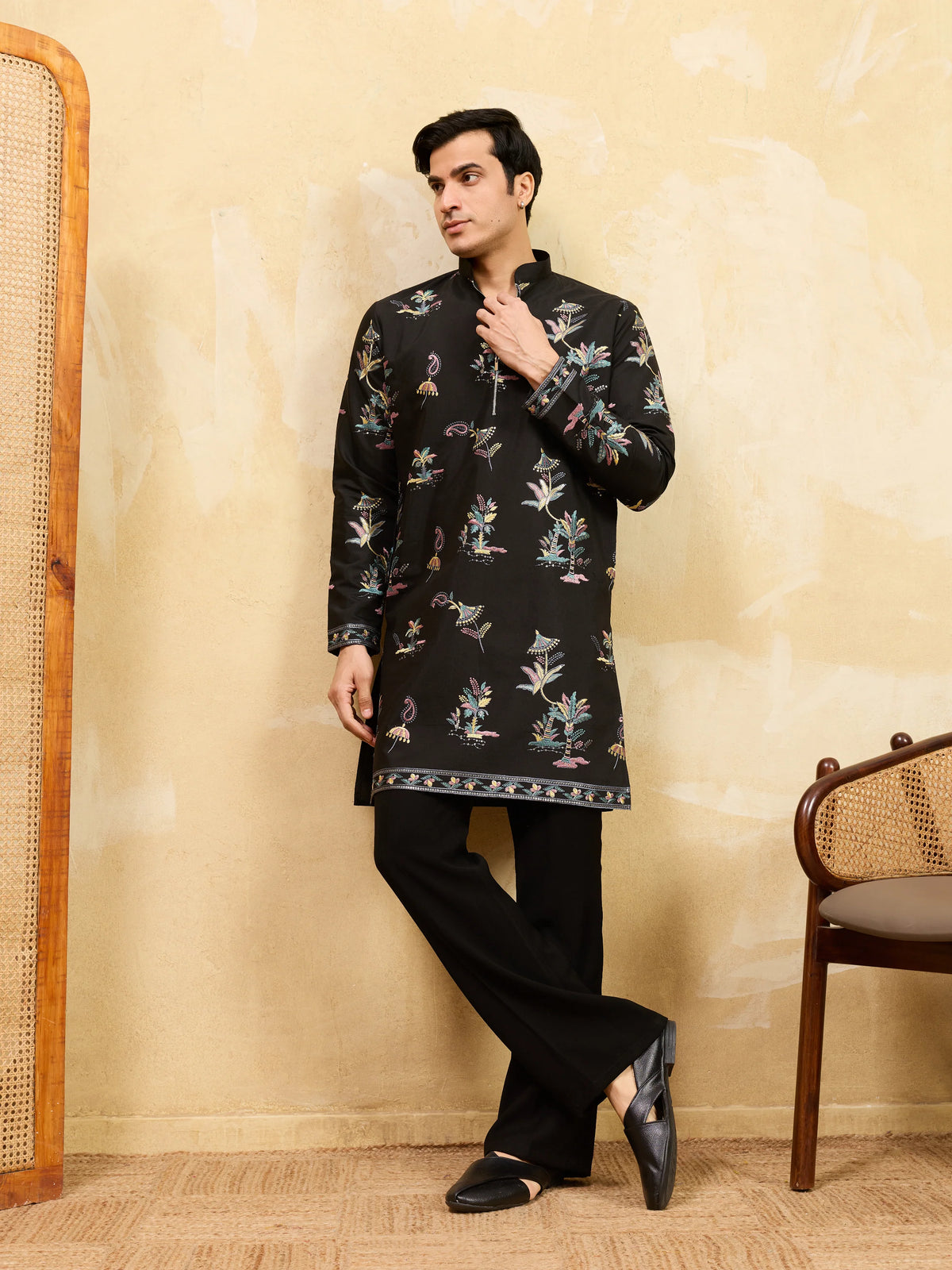 Luxury Black Viscose Silk Thread Work Kurta Set For Festive Wear