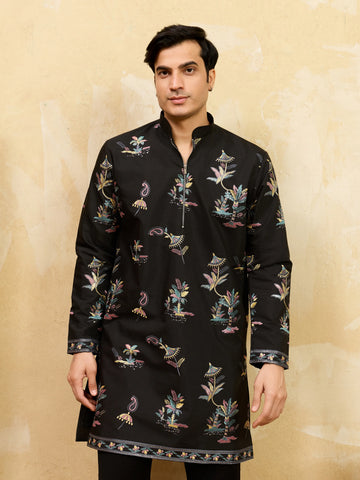 Luxury Black Viscose Silk Thread Work Kurta Set For Festive Wear