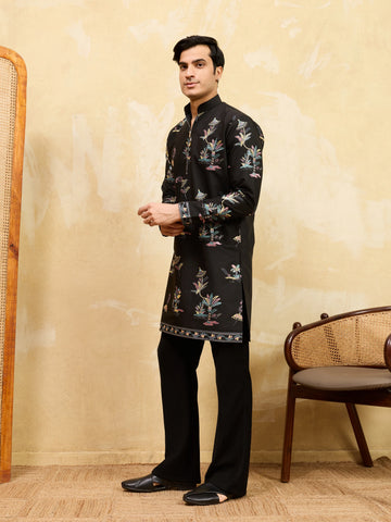 Luxury Black Viscose Silk Thread Work Kurta Set For Festive Wear
