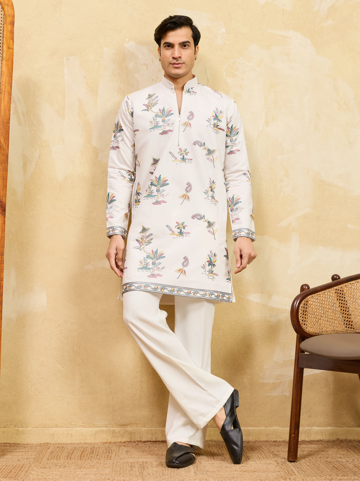 Classic White Viscose Silk Kurta Set with Fine Thread Work