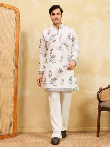 Classic White Viscose Silk Kurta Set with Fine Thread Work