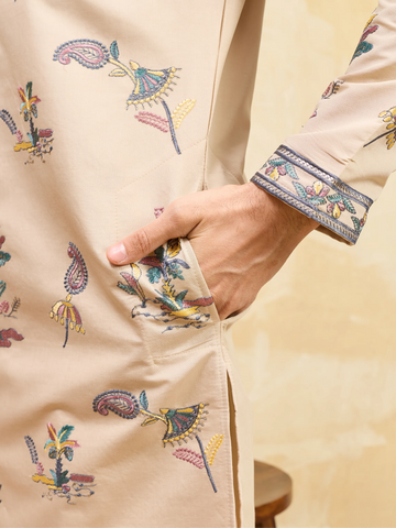 Graceful Beige Viscose Silk Kurta and Pant Set for Special Occasions