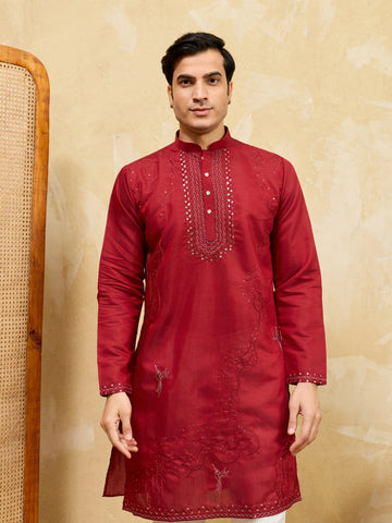 Royal Red Viscose Silk Kurta & Pant Set with Rich Embroidery