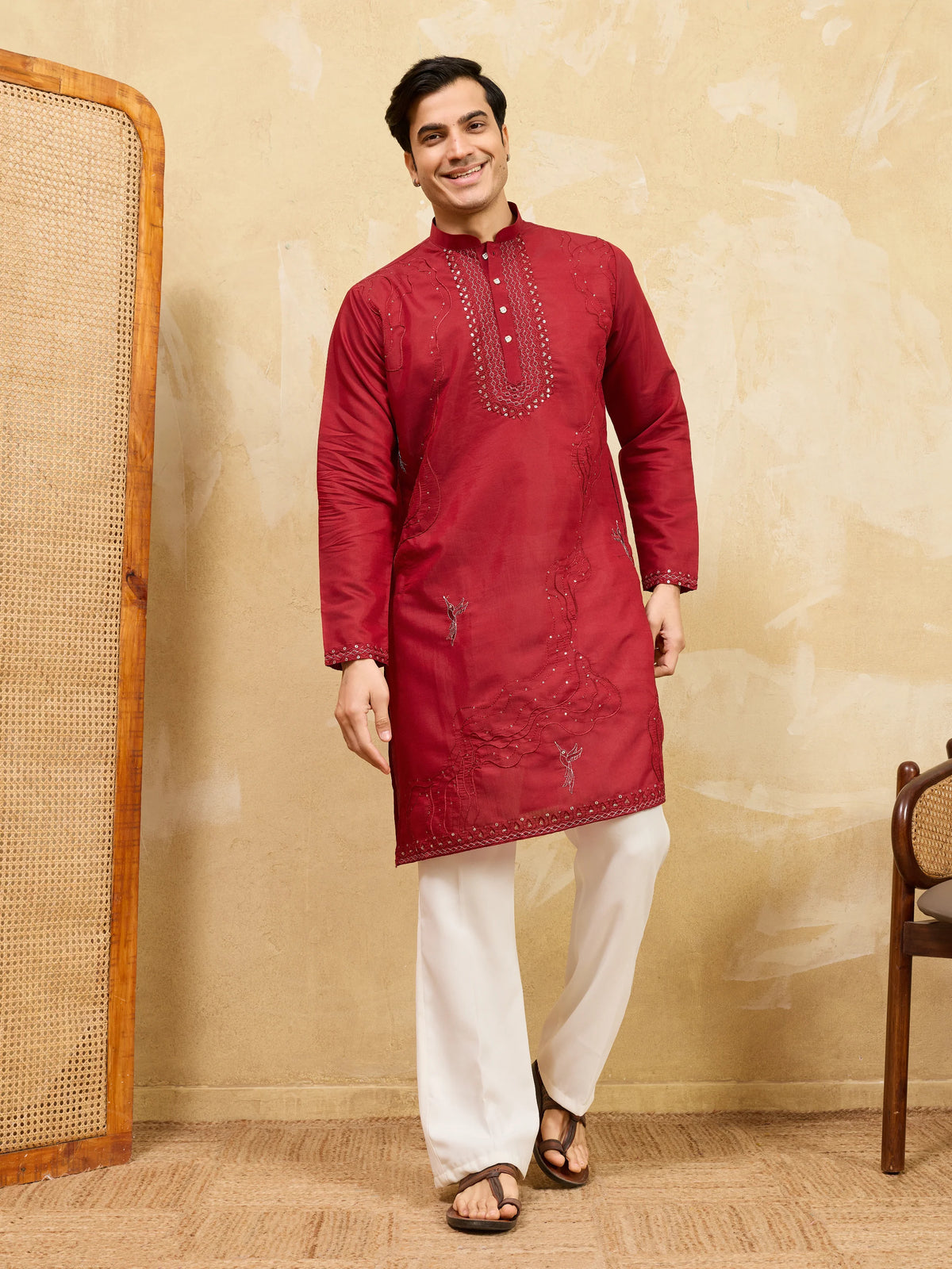 Royal Red Viscose Silk Kurta & Pant Set with Rich Embroidery