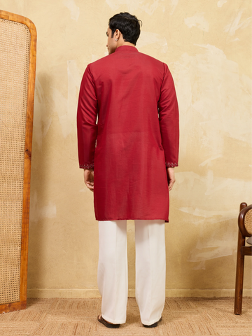 Royal Red Viscose Silk Kurta & Pant Set with Rich Embroidery