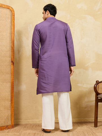 Luxury Purple Viscose Silk Embroidered Work Kurta Pant Set