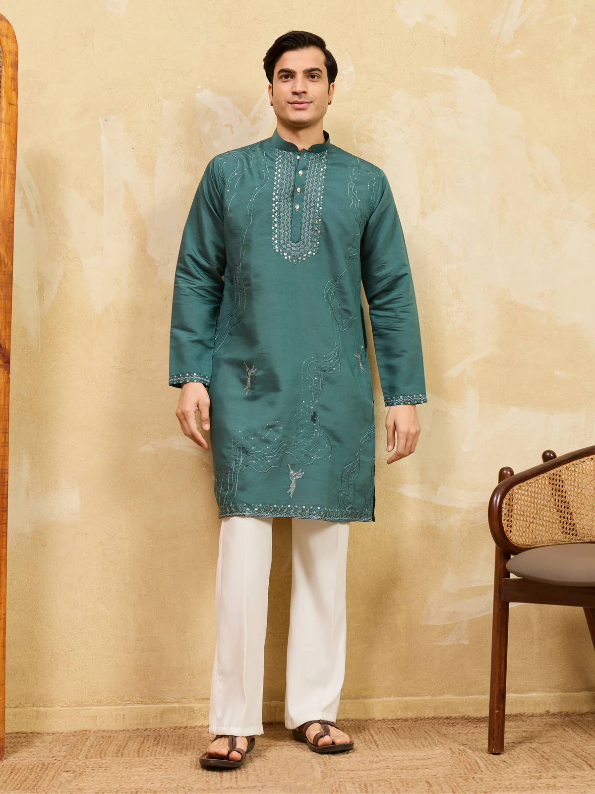 Premium Rama Green Viscose Silk Embroidered Kurta Pant Set