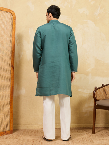 Premium Rama Green Viscose Silk Embroidered Kurta Pant Set
