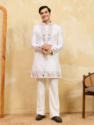 Classic White Thread Work Kurta And Pant Set For Festive Wear