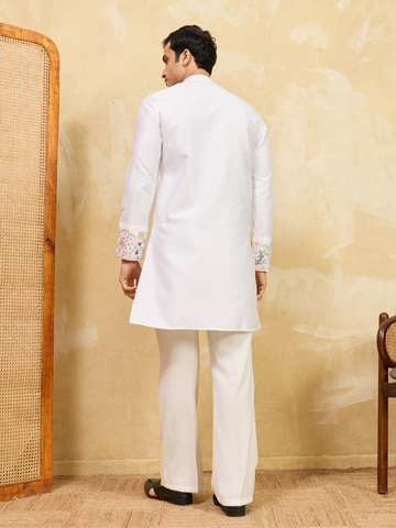 Classic White Thread Work Kurta And Pant Set For Festive Wear