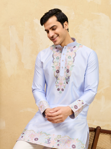 Elegant Sky Blue Kurta Pant Set With Fine Thread Detailing