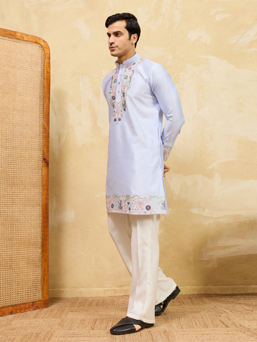 Elegant Sky Blue Kurta Pant Set With Fine Thread Detailing