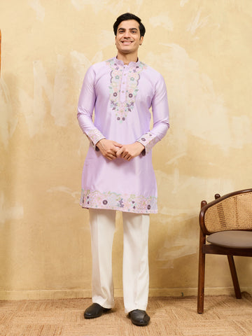 Premium Lavender Viscose Silk Thread Work Kurta & Pant Set