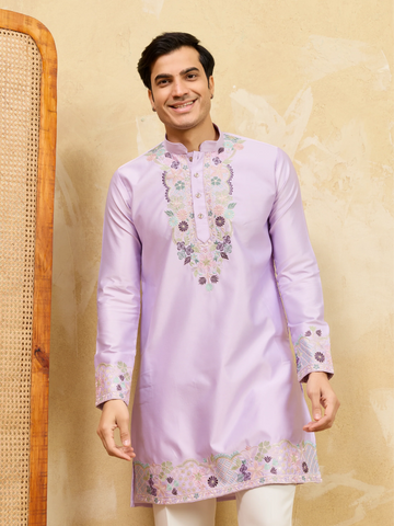 Premium Lavender Viscose Silk Thread Work Kurta & Pant Set