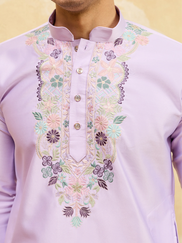Premium Lavender Viscose Silk Thread Work Kurta & Pant Set