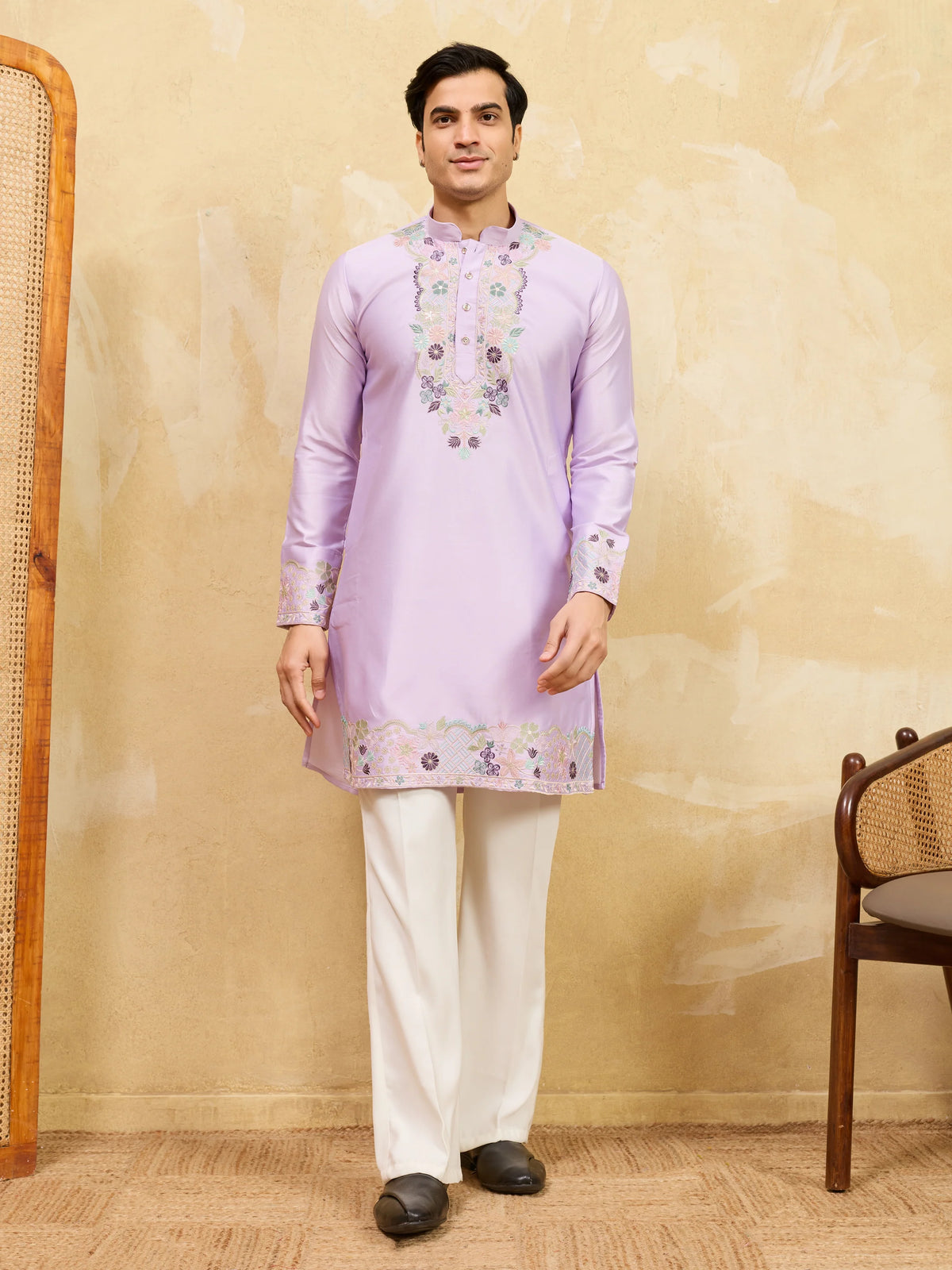 Premium Lavender Viscose Silk Thread Work Kurta & Pant Set