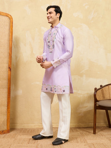 Premium Lavender Viscose Silk Thread Work Kurta & Pant Set