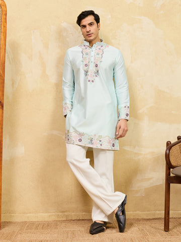 Elegant Sky Viscose Silk Thread Work Kurta Set For Special Occasion