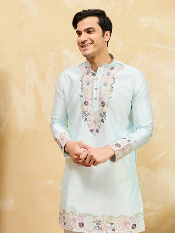 Elegant Sky Viscose Silk Thread Work Kurta Set For Special Occasion