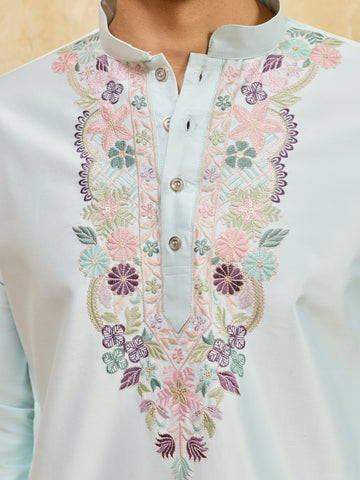 Elegant Sky Viscose Silk Thread Work Kurta Set For Special Occasion