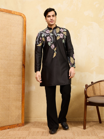 Premium Black Floral Embroidered Men’s Kurta Set For Wedding