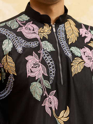 Premium Black Floral Embroidered Men’s Kurta Set For Wedding
