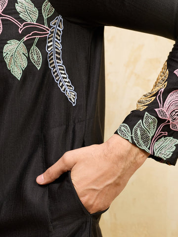 Premium Black Floral Embroidered Men’s Kurta Set For Wedding
