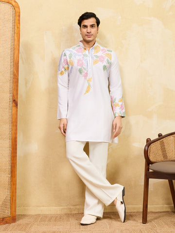 Elegant White Floral Embroidered Kurta Set for Men