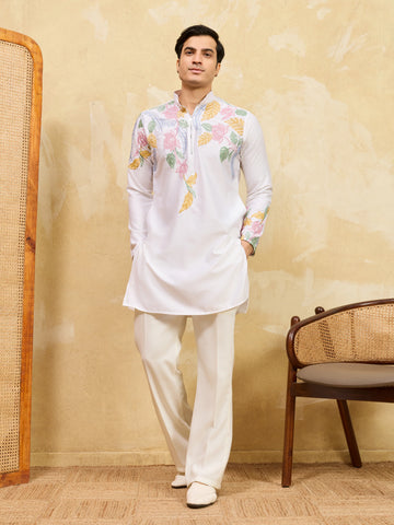 Elegant White Floral Embroidered Kurta Set for Men