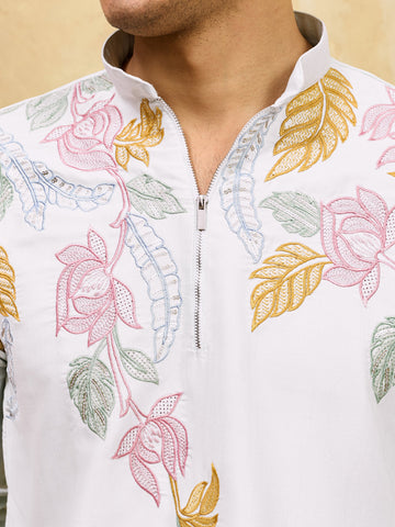 Elegant White Floral Embroidered Kurta Set for Men