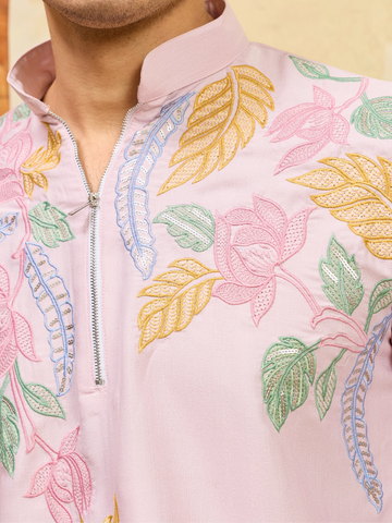 Festive Special Pink Embroidered Kurta Set for Men