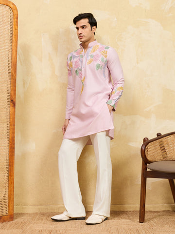 Festive Special Pink Embroidered Kurta Set for Men