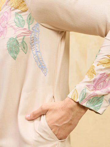 Classic Beige Floral Embroidered Kurta Set For Festive Occasions