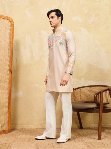 Classic Beige Floral Embroidered Kurta Set For Festive Occasions