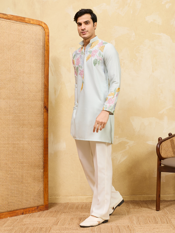 Modern Sky Floral Embroidered Kurta Set for Celebrations