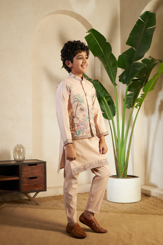 Beige Traditional embroidered Koti Kurta for boys