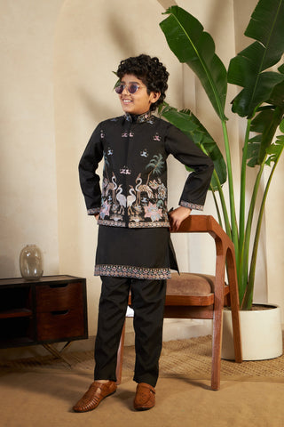 Magic Black Embroidered Koti Kurta Set For Boys