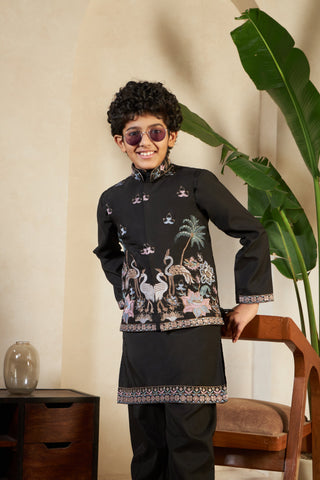 Magic Black Embroidered Koti Kurta Set For Boys
